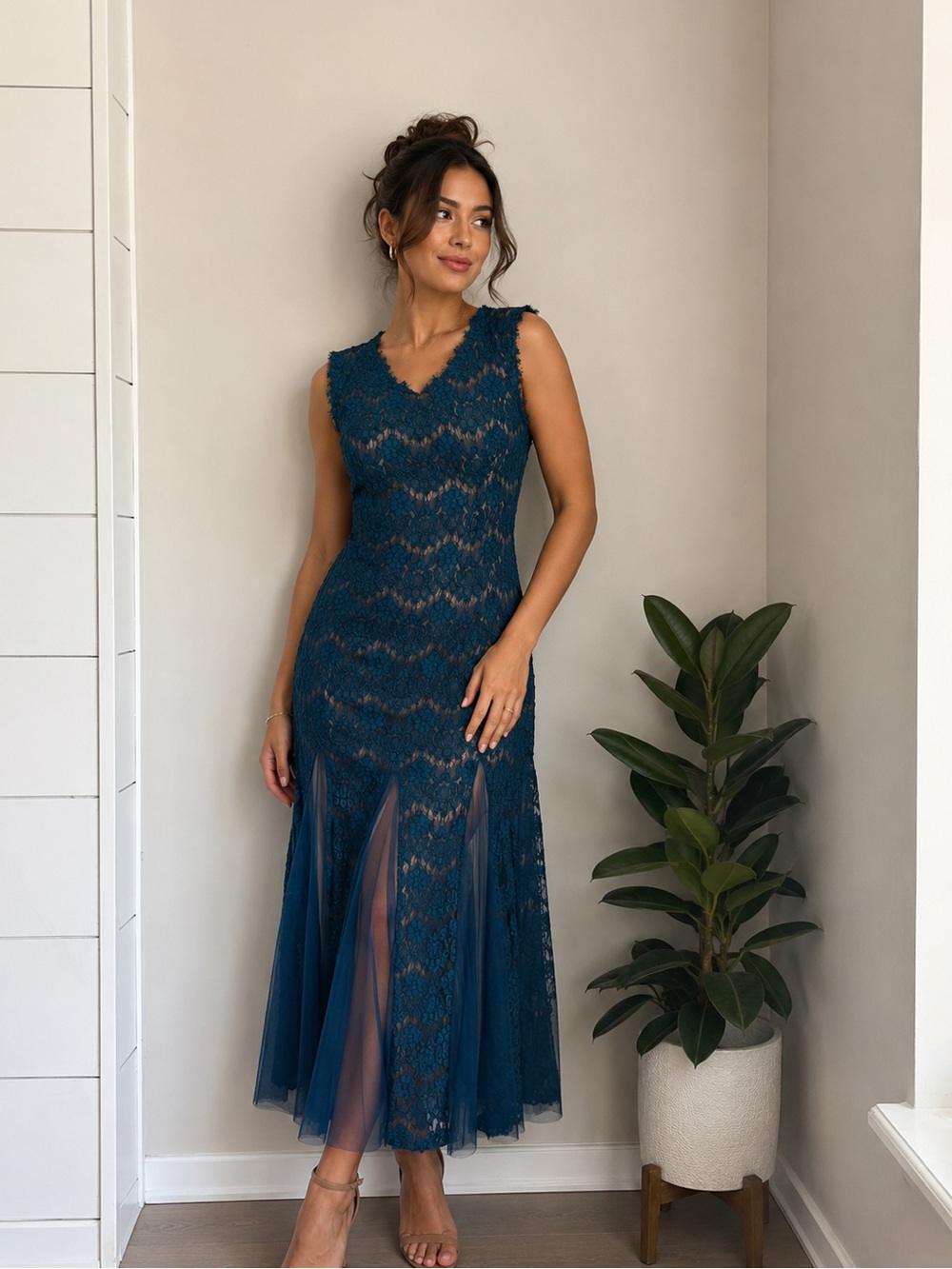 Betsy & Adam Teal Lace Illusion Midi Dress Size 12 Elegant Cocktail Evening